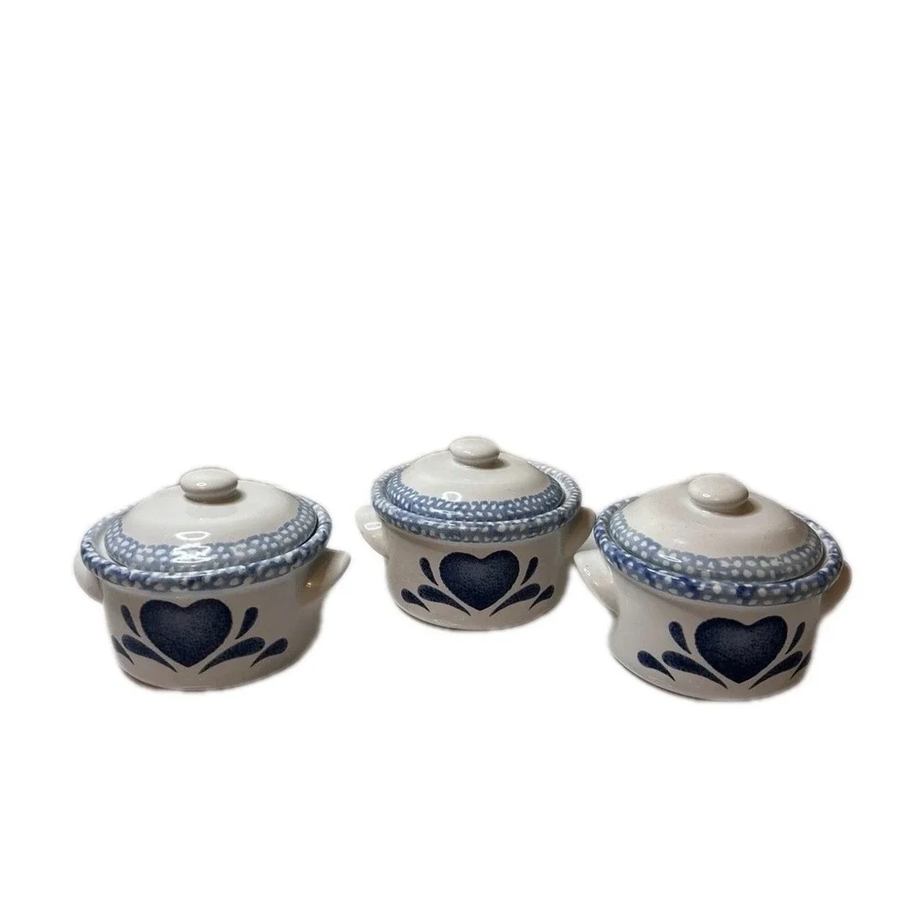 Vintage 90s Blue Heart Stoneware Soup Crock Lidded Individual Bowls 3 Pc Cottage